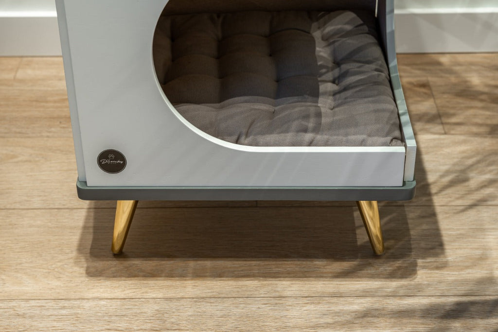 Okoume Wood Cat House Bed — Grey