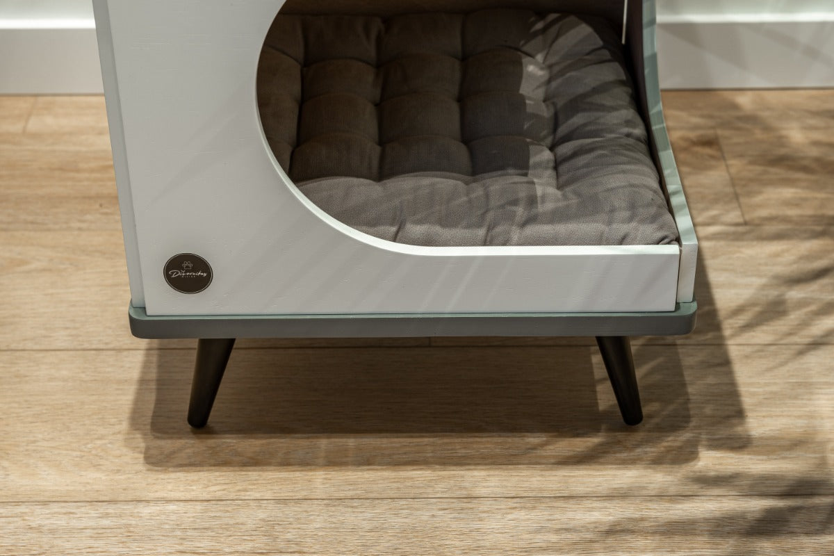 Okoume Wood Cat House Bed — Grey