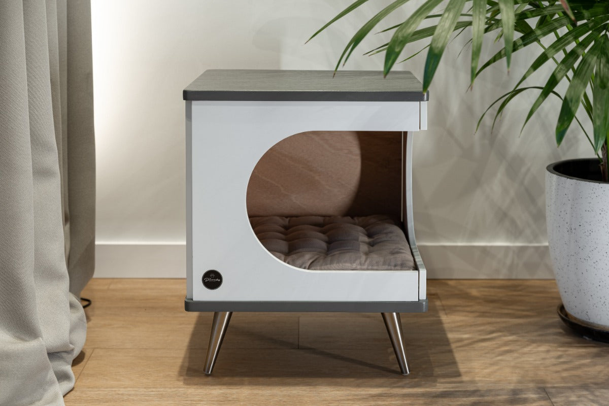 Okoume Wood Cat House Bed — Grey