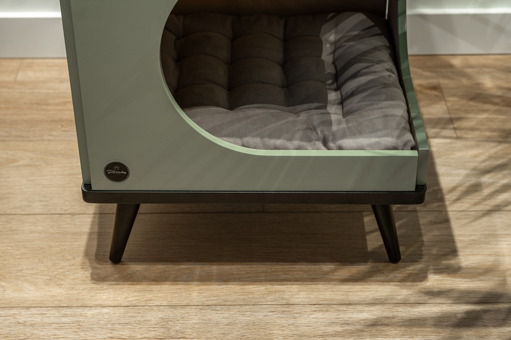 Okoume Wood Cat House Bed — Olive & Black