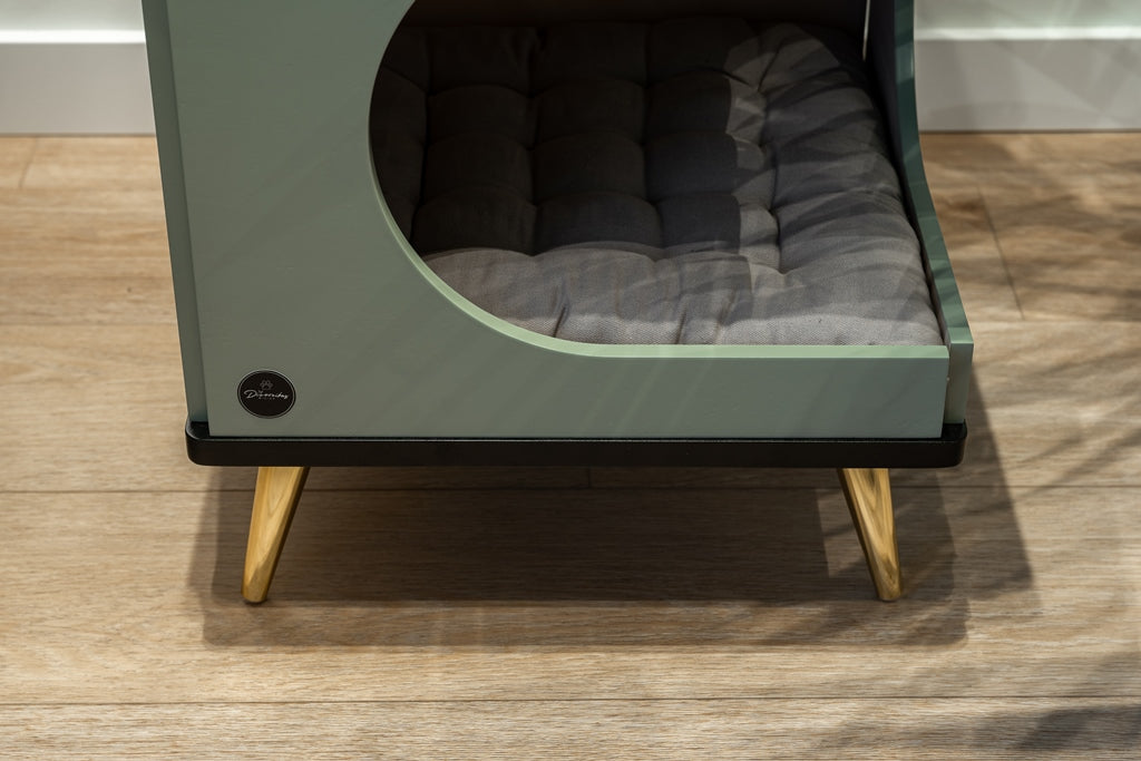 Okoume Wood Cat House Bed — Olive & Black