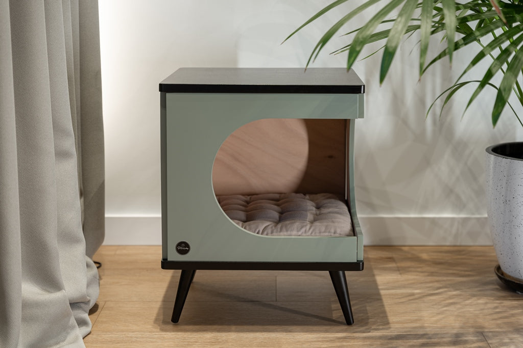 Okoume Wood Cat House Bed — Olive & Black